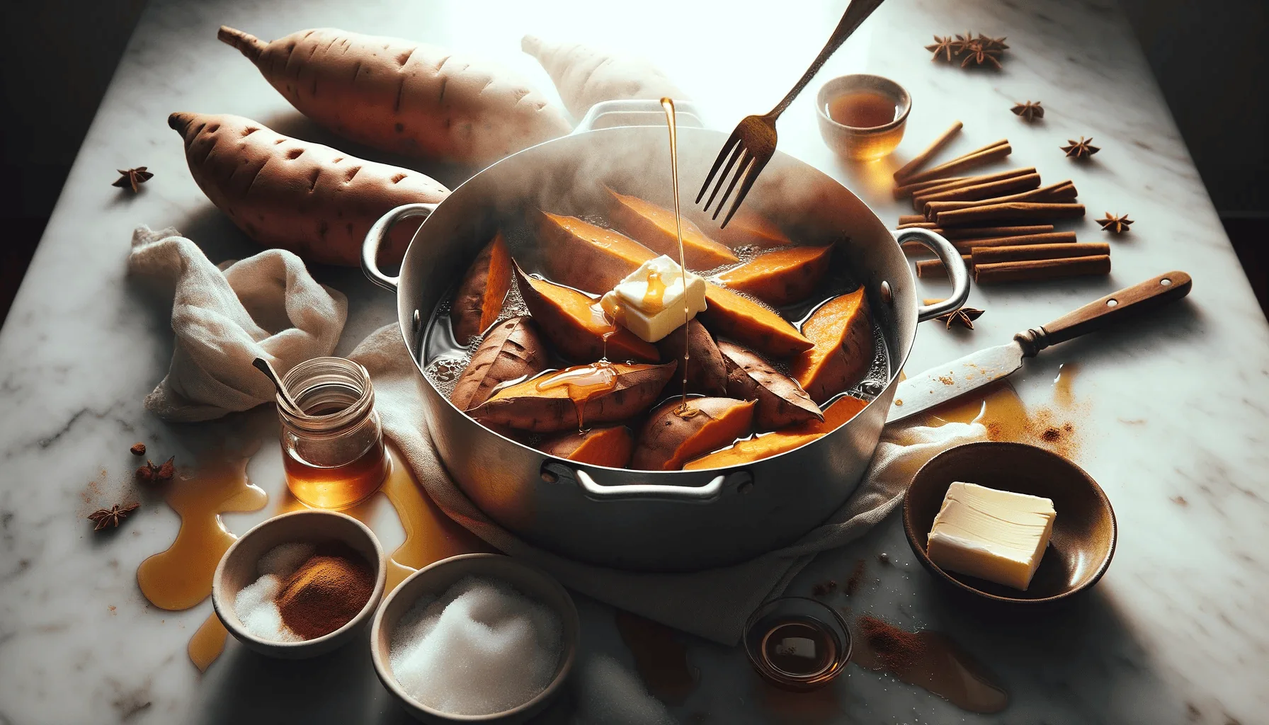 Sweet potatoes being cooked in a pot, with ingredients like butter and maple syrup nearby