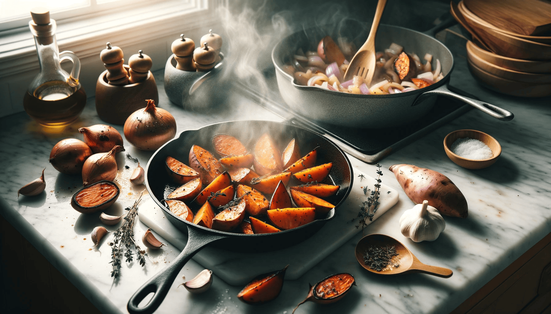 Sweet potatoes roasted to a golden hue on a marble countertop beside a skillet with sautéed onions and herbs