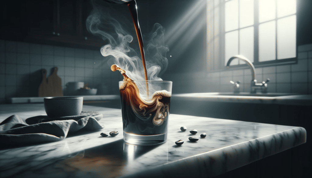 Steam rises from a clear glass of hot coffee as a dark stream of coffee is poured, creating a swirling pattern in the glass. Coffee beans are scattered across a marble countertop, with a soft glow from the natural light coming through the window of a cozy kitchen setting, giving a sense of a calm morning routine.