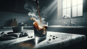 Steam rises from a clear glass of hot coffee as a dark stream of coffee is poured, creating a swirling pattern in the glass. Coffee beans are scattered across a marble countertop.