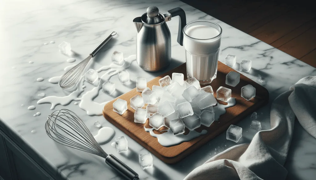 A contemporary kitchen scene featuring a spilt cup of sugar on a marble countertop. A stainless steel moka pot, a glass of milk, and scattered ice cubes accompany the mess, while a whisk and a cloth napkin lie nearby, hinting at a paused moment in a beverage preparation process.