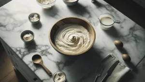 On a marble countertop, there is a large wooden bowl with whipped cream or frosting in a swirling pattern, surrounded by small bowls of additional ingredients, a carton of milk, a wooden spoon, and baking utensils, indicating a baking preparation scene.