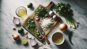 A cooking preparation scene on a marble surface with a wooden cutting board, chopped onions, halved limes, green herbs, and a small bowl of olive oil, suggesting ingredients ready for a fresh, flavorful dish.