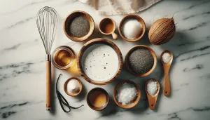 Ingredients for chia pudding laid out on a marble countertop, including a bowl of chia seeds, coconut milk, vanilla extract, maple syrup, and small dishes containing salt and additional chia seeds.