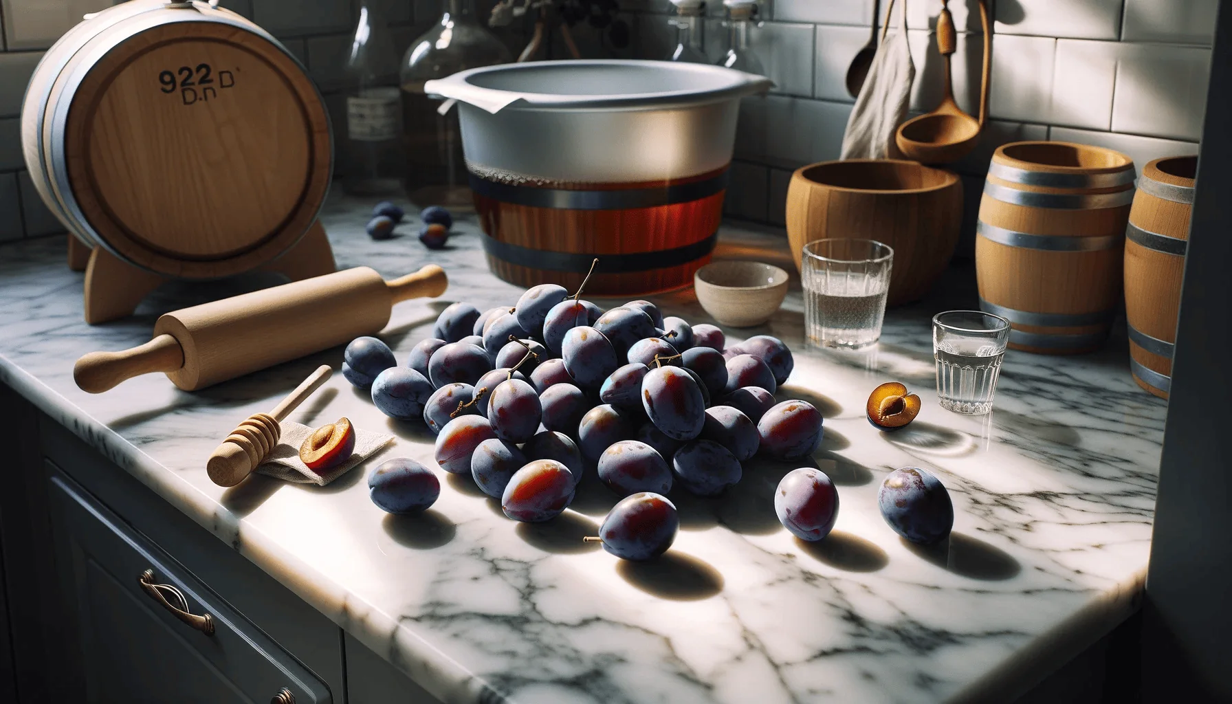 Ripe plums, wine yeast, wooden barrel, and a water bowl are neatly arranged