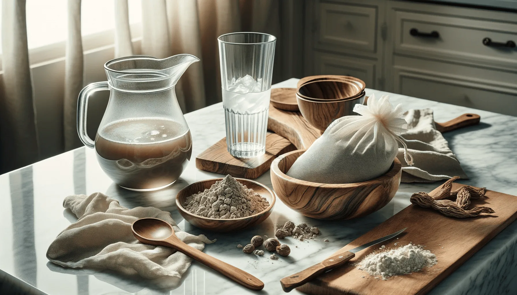 Kava root powder, water pitcher, and a strainer are neatly arranged