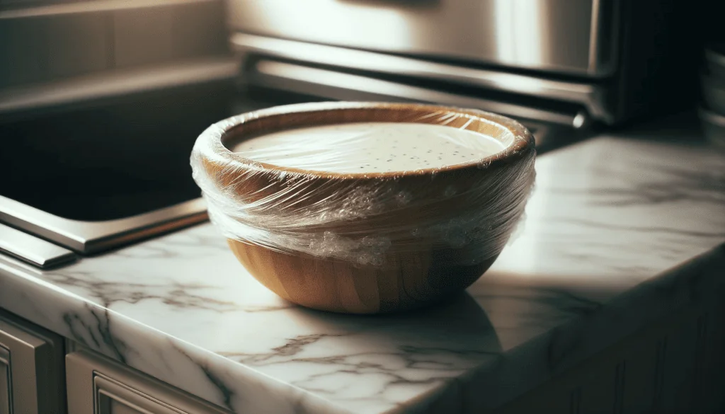 A wooden bowl filled with ranch dressing covered with plastic wrap, ready to be refrigerated, placed on a marble countertop next to a stove.