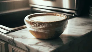 A wooden bowl covered with plastic wrap is sitting on a marble kitchen counter, filled with dough that is rising, indicated by the bulging wrap, in a warm spot near the stove, likely part of a bread-making process.