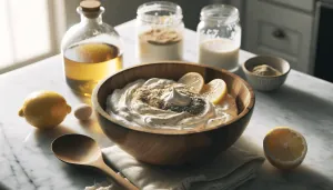 A wooden bowl on a marble countertop contains a mixture topped with lemon slices and seeds, next to a wooden spoon, with ingredients like flour, a jar of milk, a bottle of oil, and whole and halved lemons around it, suggesting the preparation of a lemon-flavored recipe or dessert.