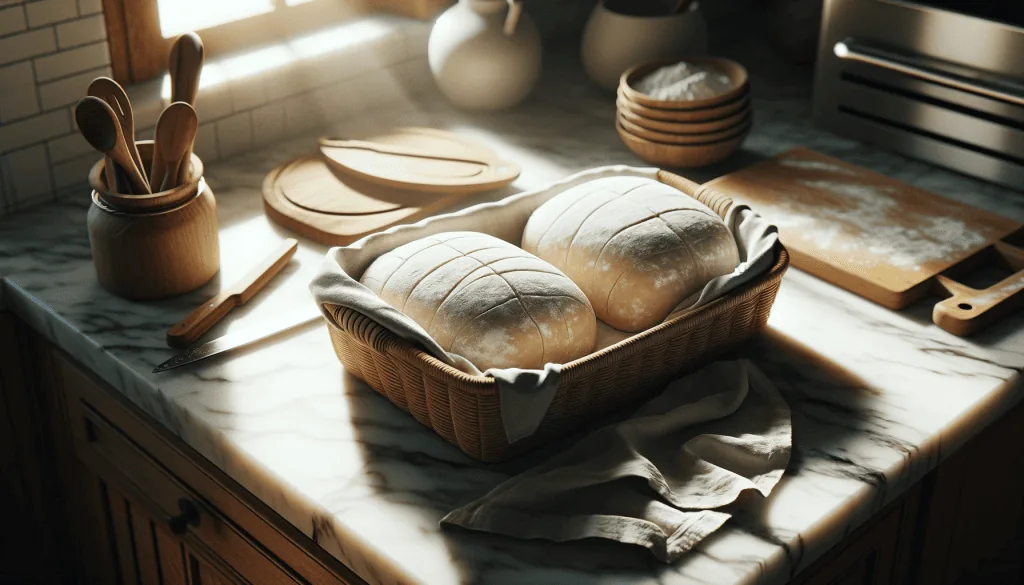 The loaves are prepared and are resting in a basket, covered, before being baked.