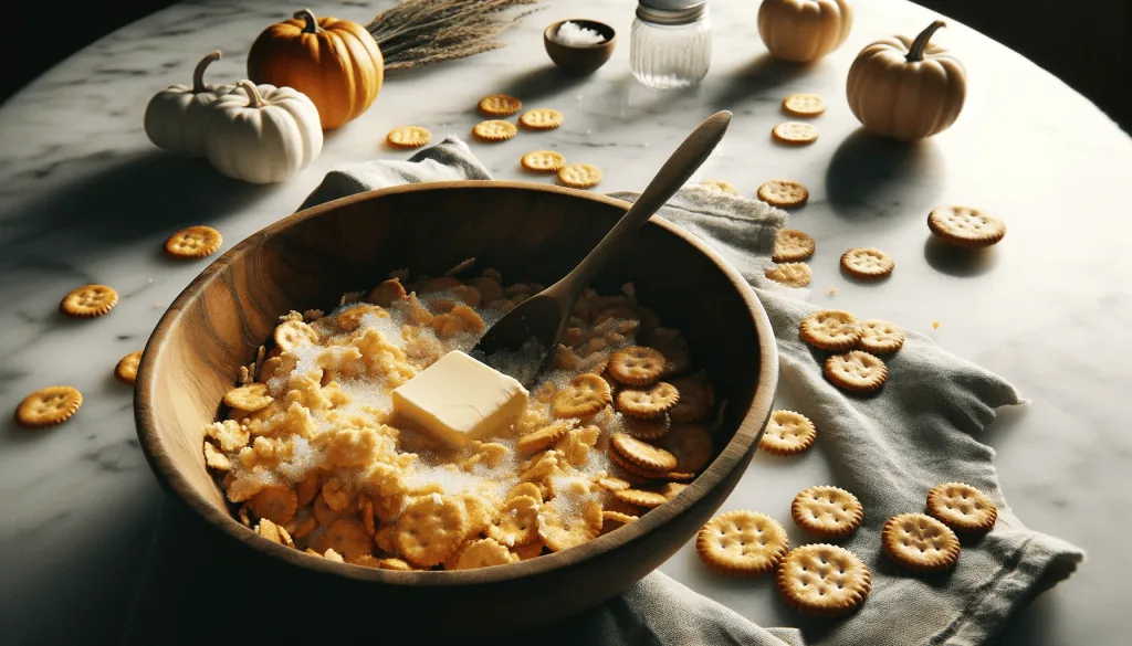 Wooden bowl with crushed crackers and melted butter being stirred on marble countertop