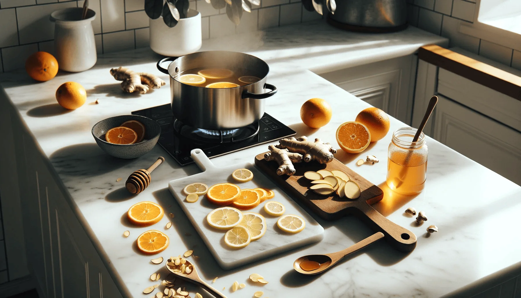 Mid-cooking scene with a pot of ginger-infused water steaming on the stove, with sliced citrus fruits and a half-used jar of honey