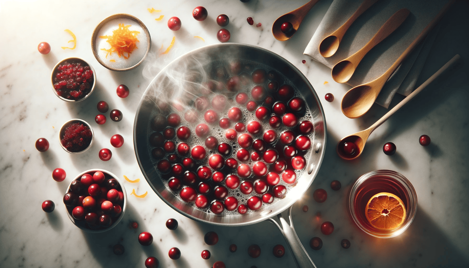 Midway cooking scene, with cranberries cooking in a saucepan