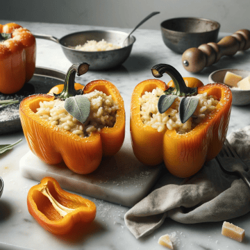 Pumpkin sage risotto stuffed peppers, ready to serve