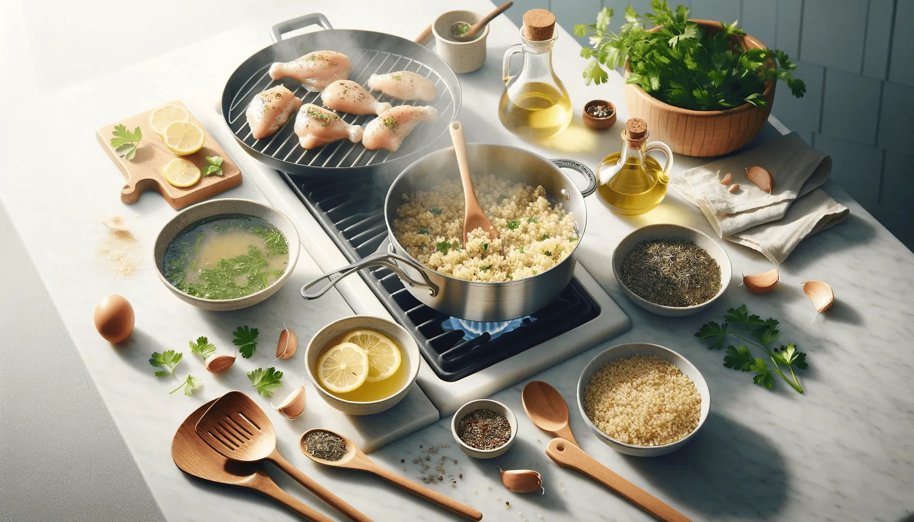 Mid-cooking scene, with quinoa simmering in a saucepan, a bowl of lemon herb dressing, marinating chicken, wooden utensils, and a heating grill pan.