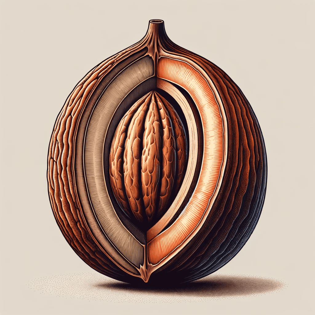 Cutaway view of a Pekea fruit showing the inner nut