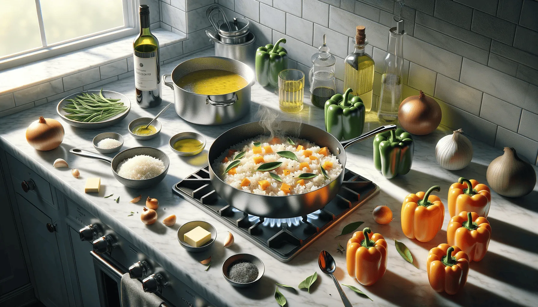 Mid-cooking process, showing a simmering pan with risotto on a stove, next to a pot of warm broth and a bowl of pumpkin puree, amidst the steam and sizzle of active cooking, with bell peppers prepped on the side.