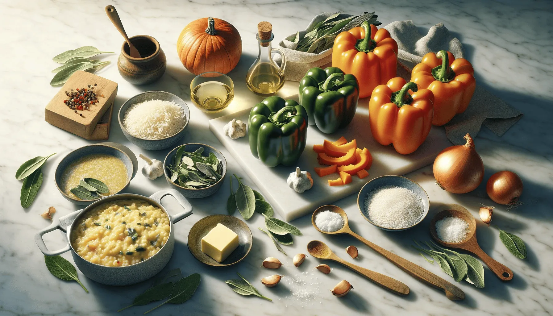The ingredients for the dish, including bell peppers, Arborio rice, and pumpkin puree, are neatly arranged