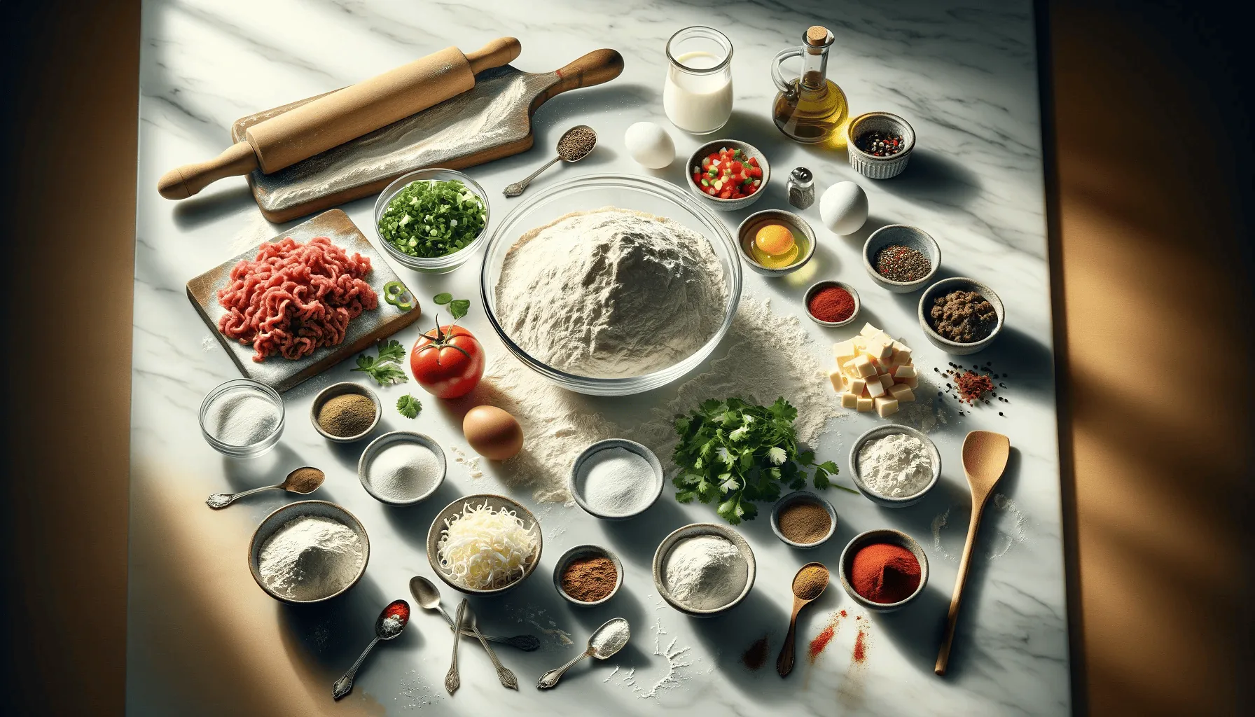 Flour, water, spices, and ground beef are arranged neatly