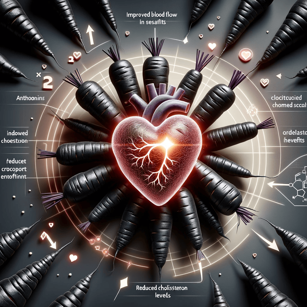 A conceptual image visualizing the heart-healthy benefits of black carrots, featuring a stylized heart symbol in the center