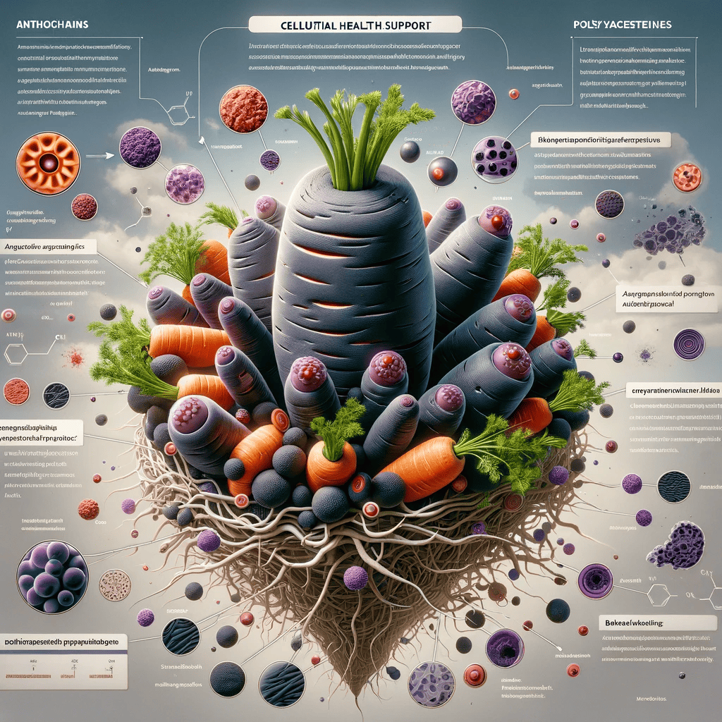 A detailed illustration depicting the concept of cellular health support, focusing on healthy cells thriving in the presence of black carrots
