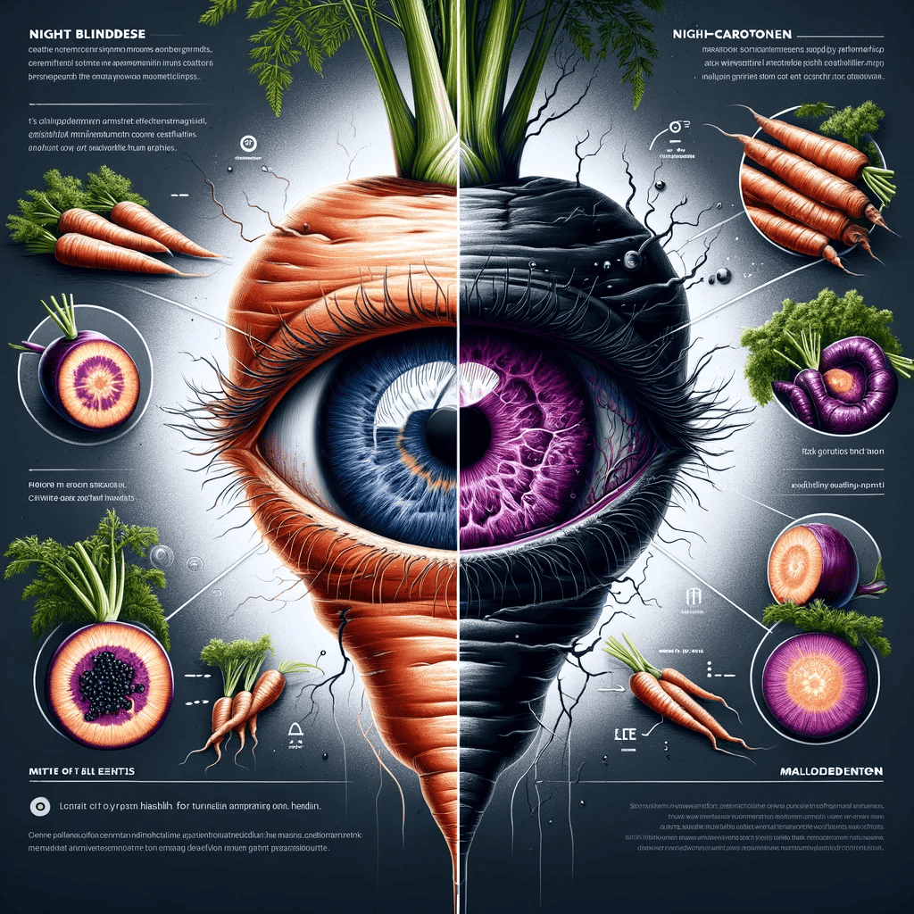 A visual comparison that emphasizes the benefits of black carrots for eye health. The image should be split into two sections