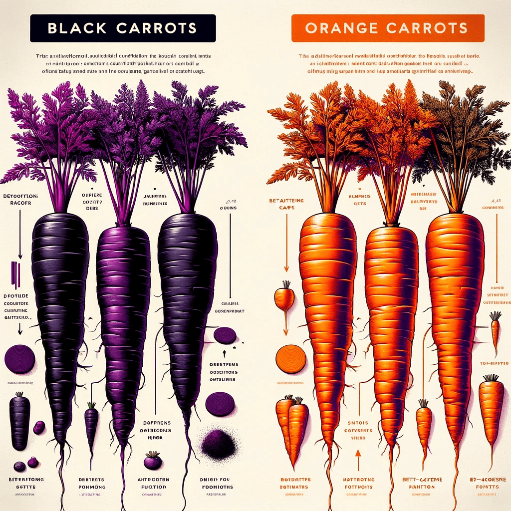 An educational illustration comparing black carrots and orange carrots side by side. On the left, black carrots are shown with a deep purple