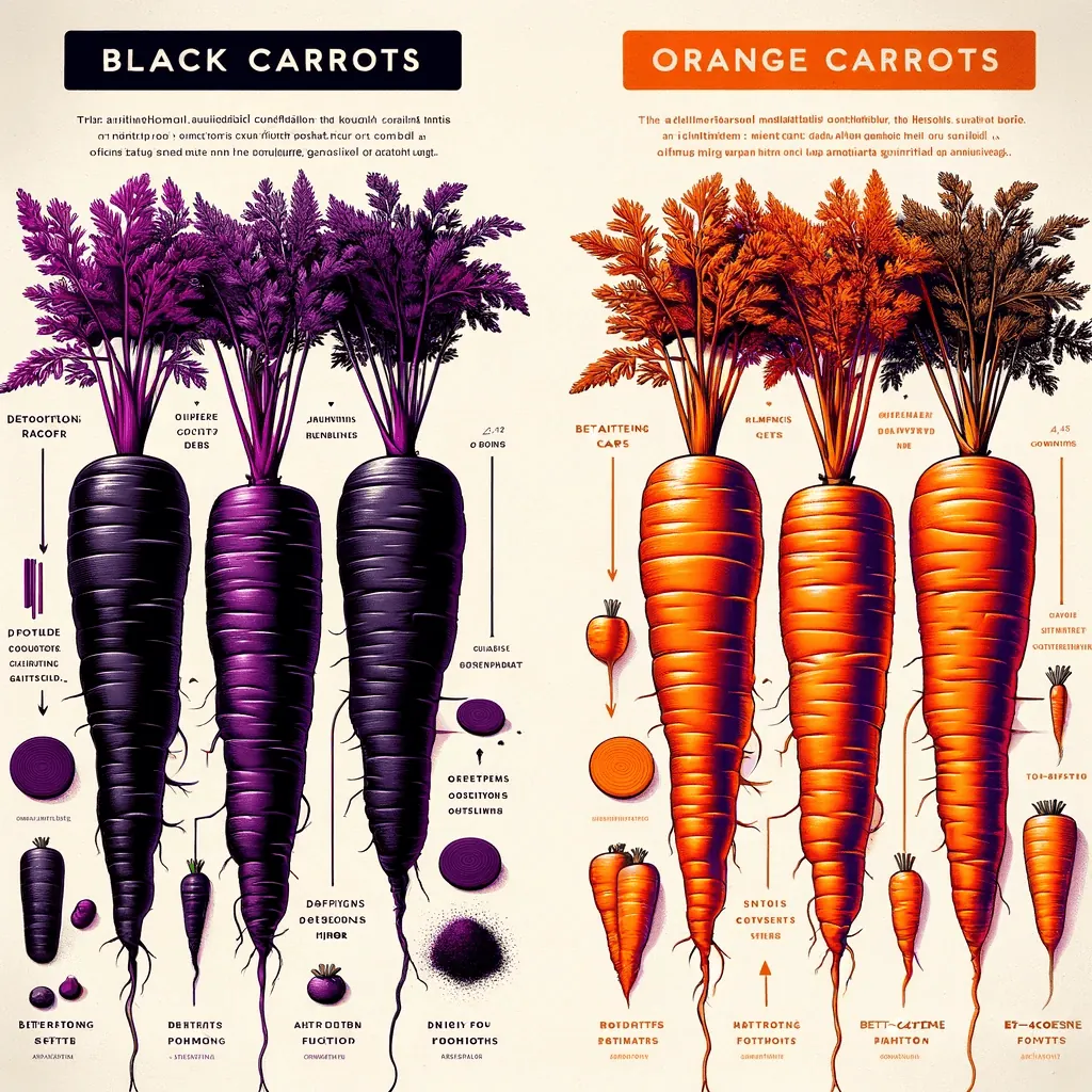 An educational illustration comparing black carrots and orange carrots side by side. On the left, black carrots are shown with a deep purple