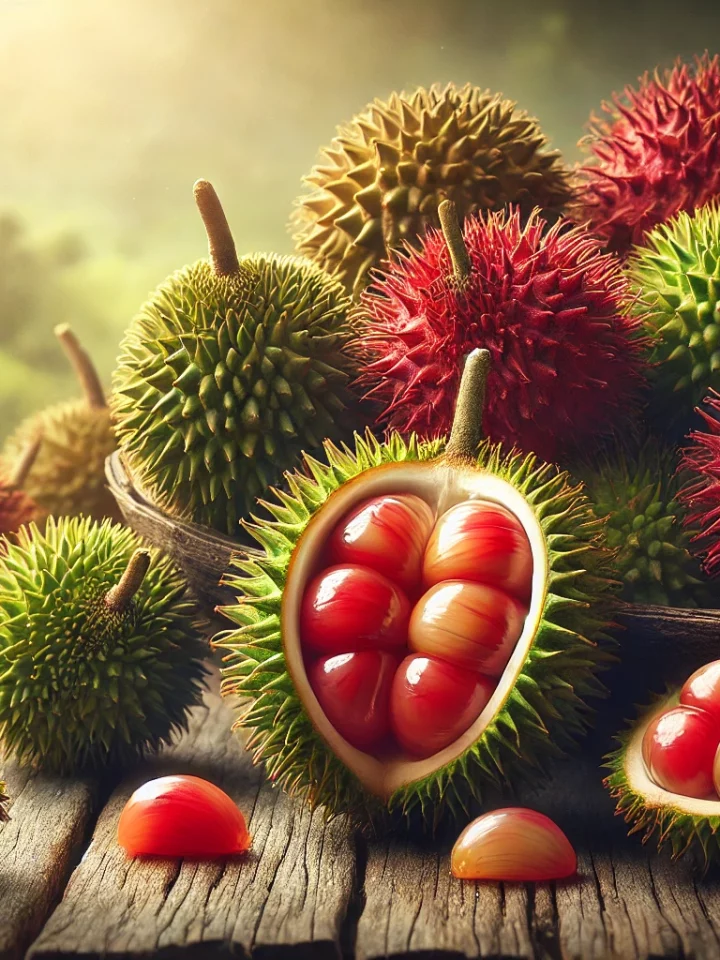 Fresh pulasan fruits closeup on wooden table