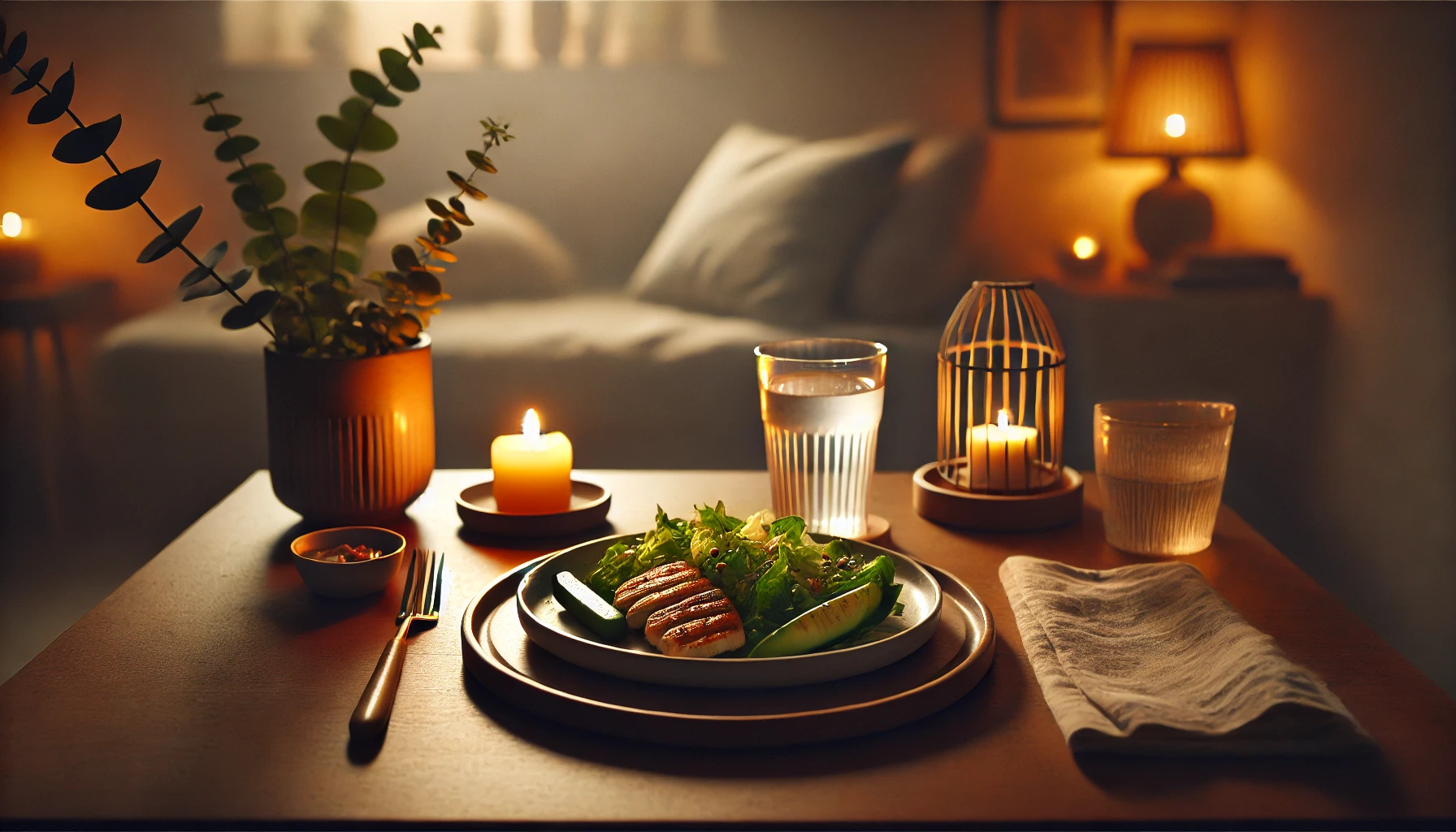 A serene evening scene featuring a light dinner 