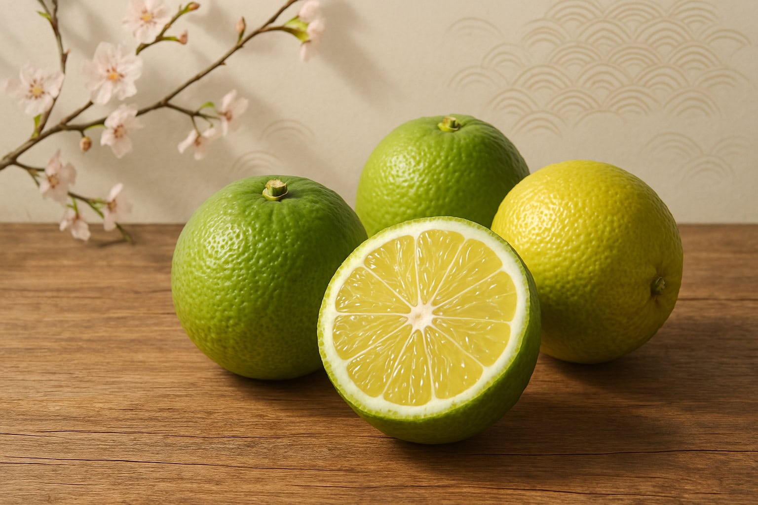 Kabosu fruits arranged on a rustic wooden table