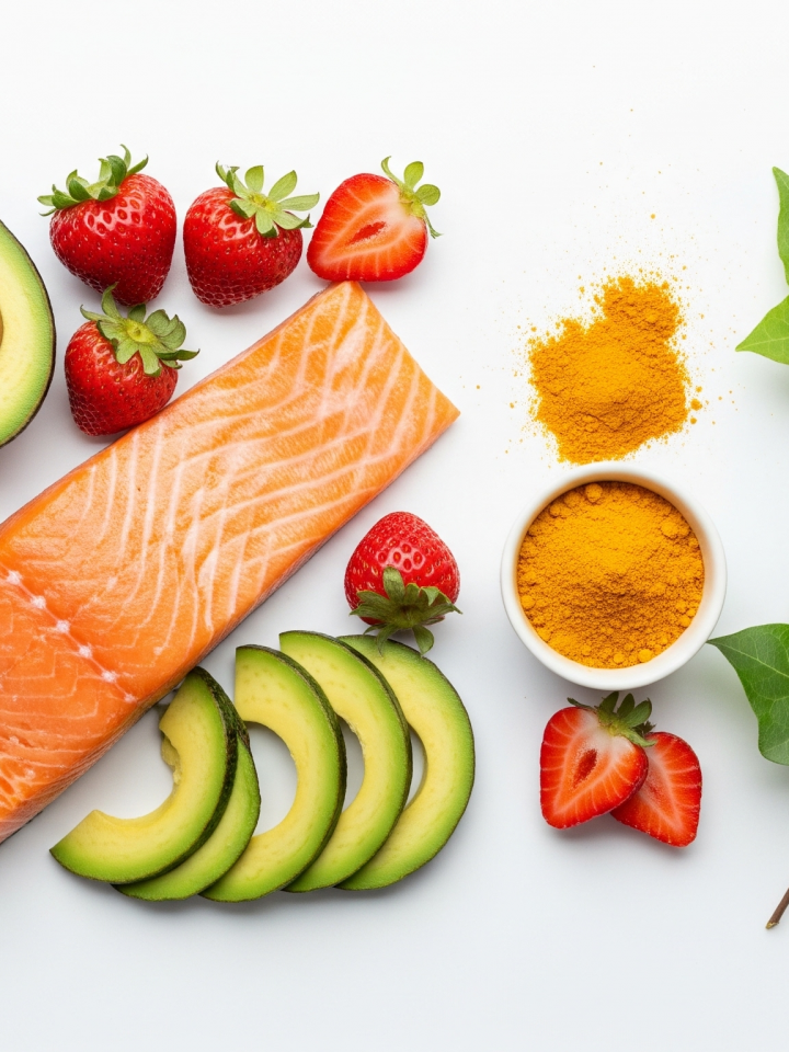 Foods for poison ivy rash relief, featuring salmon, avocado, strawberries, and turmeric arranged on a white background next to poison ivy leaves