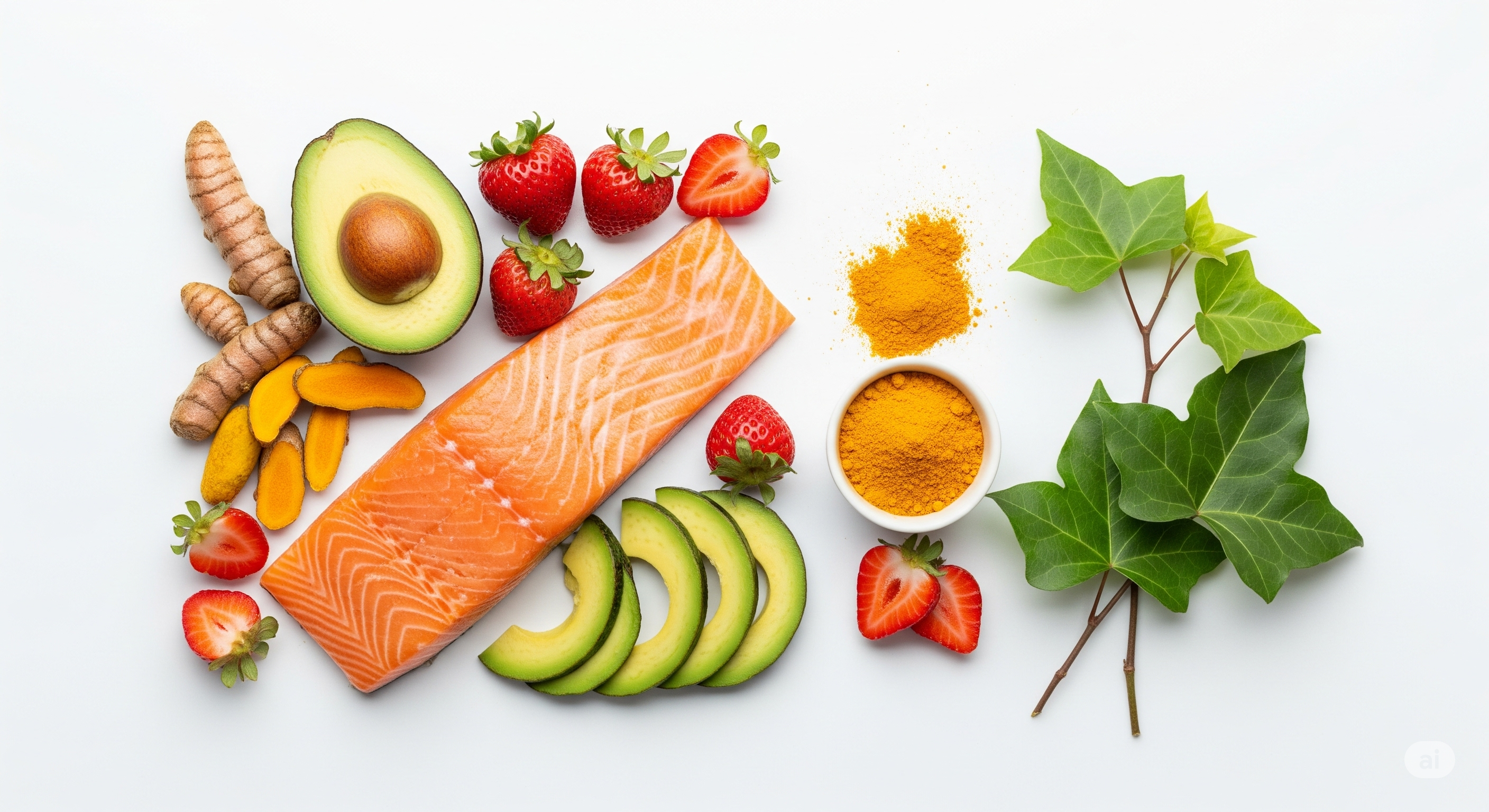 Foods for poison ivy rash relief, featuring salmon, avocado, strawberries, and turmeric arranged on a white background next to poison ivy leaves