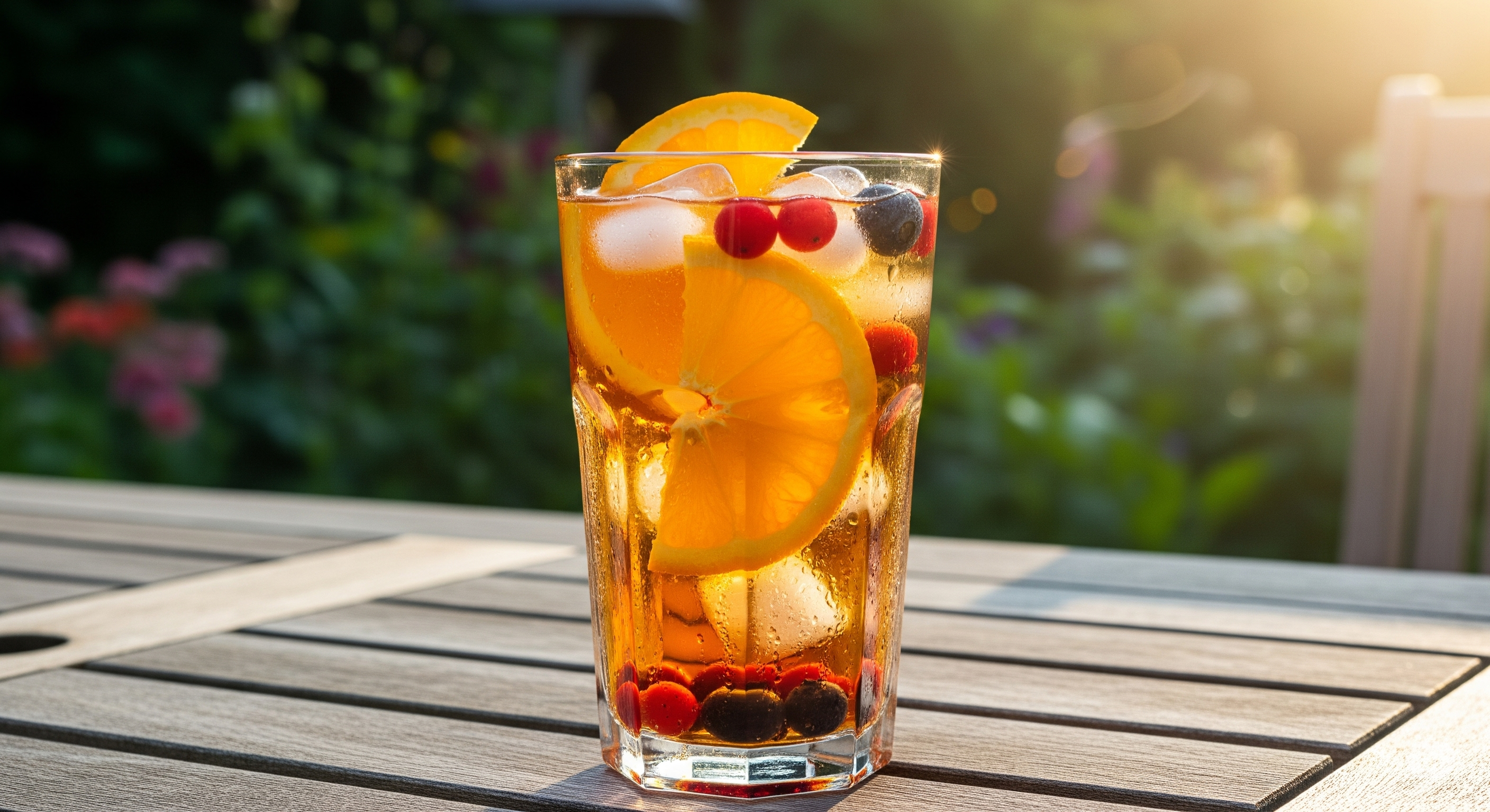 A tall, refreshing glass of iced sun tea super brew garnished with orange slices and berries, sitting on a wooden table on a sunny outdoor patio.