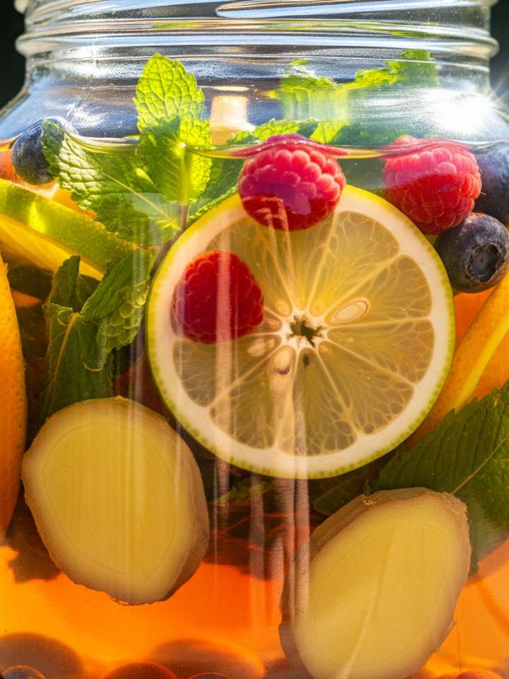 A large glass jar of sun tea super brew steeping in the sunlight, filled with fresh lemon slices, ginger, mint leaves, and berries.