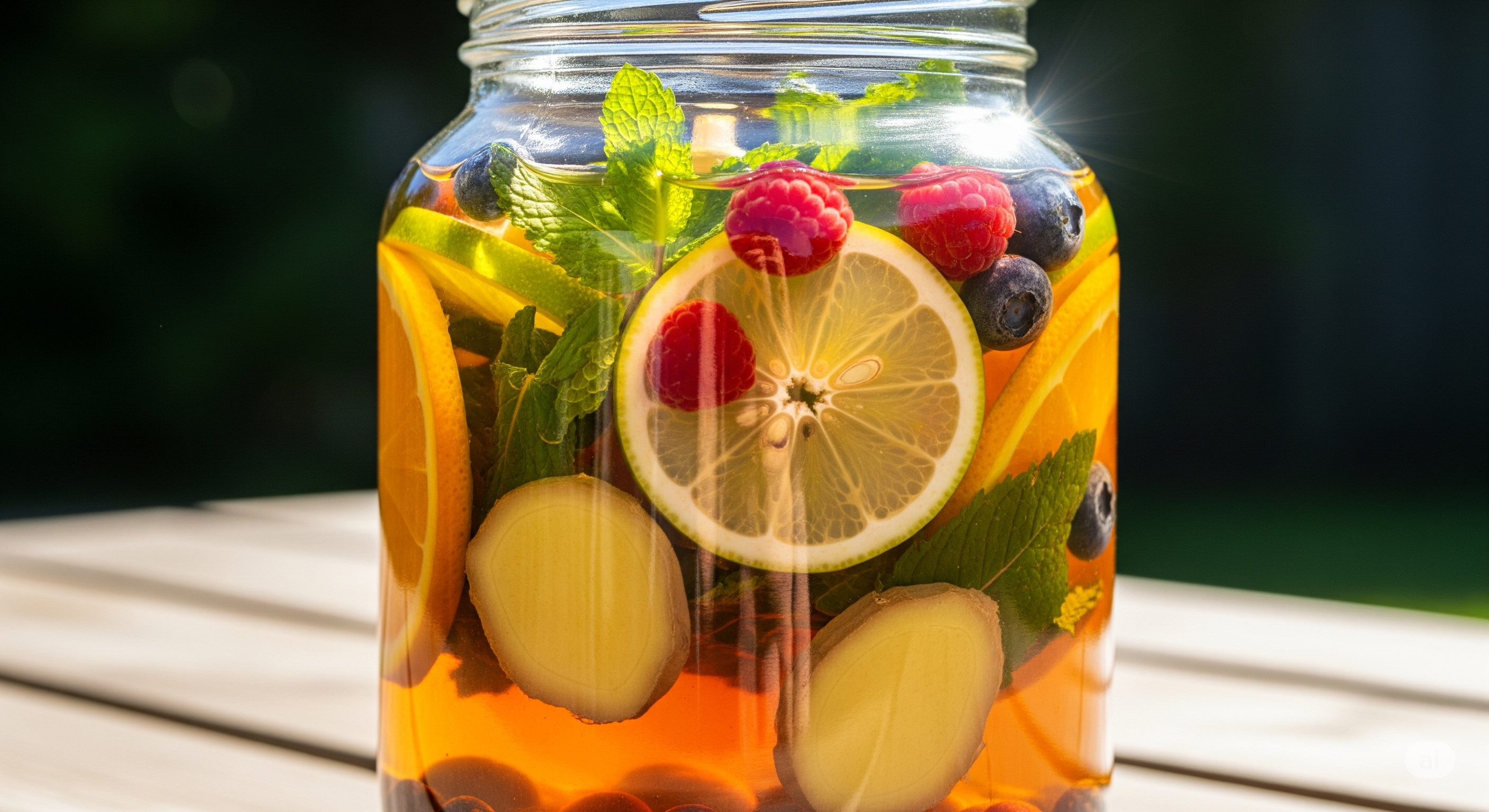 A large glass jar of sun tea super brew steeping in the sunlight, filled with fresh lemon slices, ginger, mint leaves, and berries.